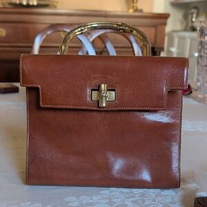 Furla Brown Leather Kelly With Brass Bamboo Handle